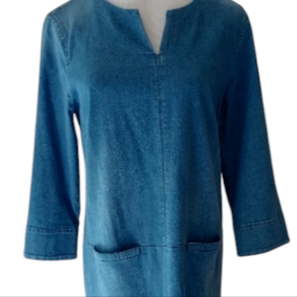 J.Jill Denim Dress. 3/4 Sleeve. Dropped Waist hem in back. Size 6. - Picture 4 of 6